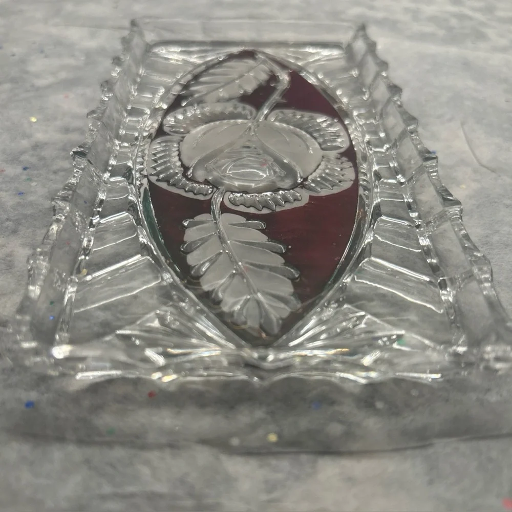 Rare Vintage Crystal Vanity Tea Set with Red Rose and Bird Accent.